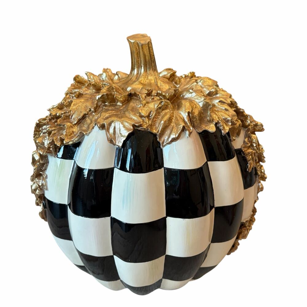 NEW MacKenzie Childs Courtly Check Gold Foliage Pumpkin 11.5" H in Original Box - Picture 10 of 16